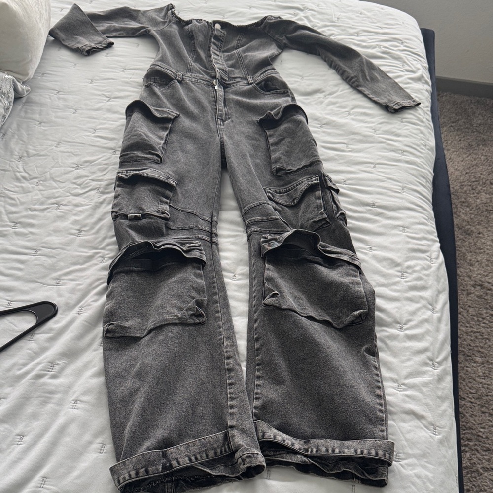 Distressed Off The Shoulder Gray Denim Jumpsuit